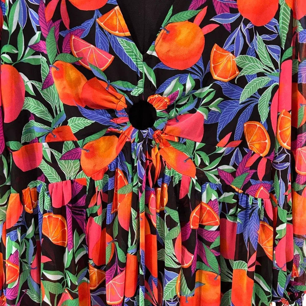 Nina Parker fruit print maxi dress 1X citrus orange high slits resort vacation - Picture 4 of 11